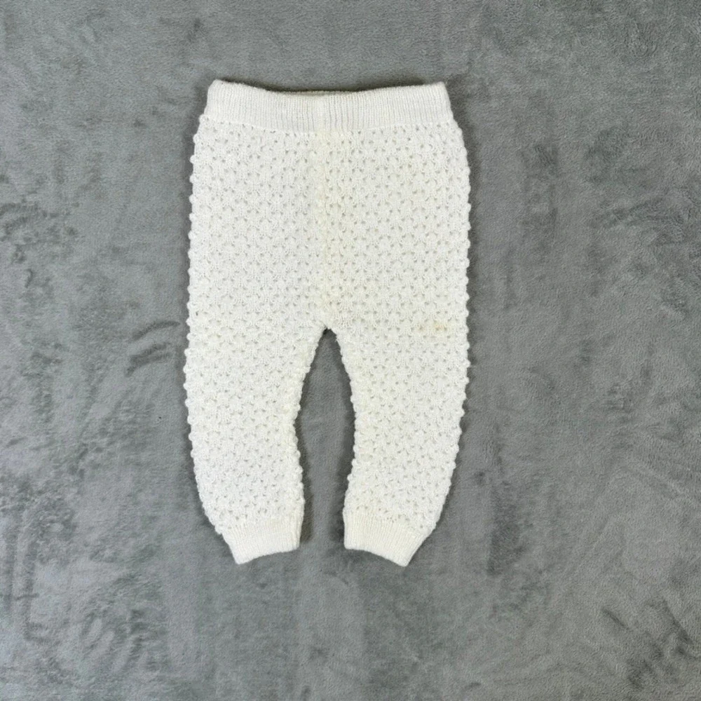 Vintage Handmade Knit Baby Set Ivory Hooded Cardigan & Pants Popcorn Pointelle